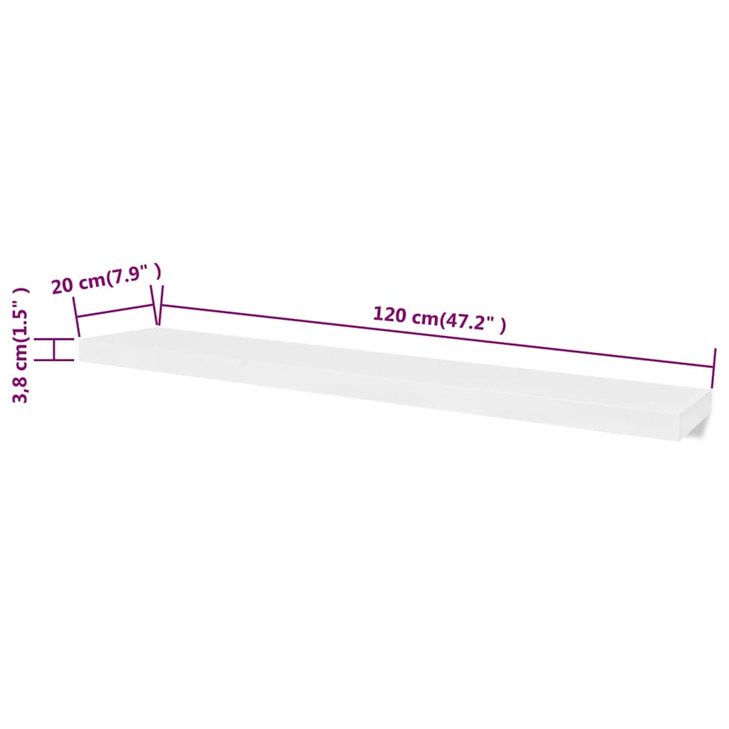 vidaXL 2 White MDF Floating Wall Display Shelves Book/DVD Storage - 120 x 20 x 3.8 cm