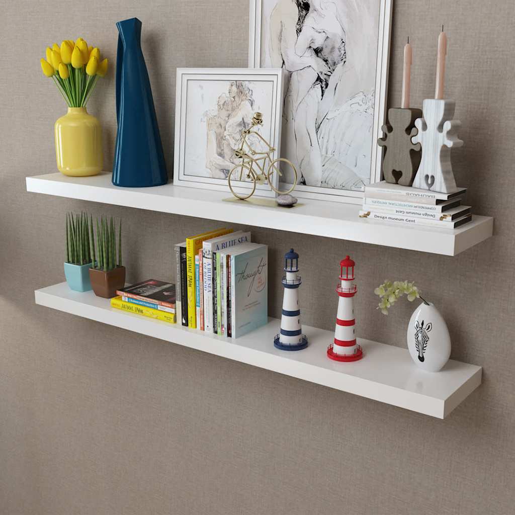 vidaXL 2 White MDF Floating Wall Display Shelves Book/DVD Storage - 120 x 20 x 3.8 cm