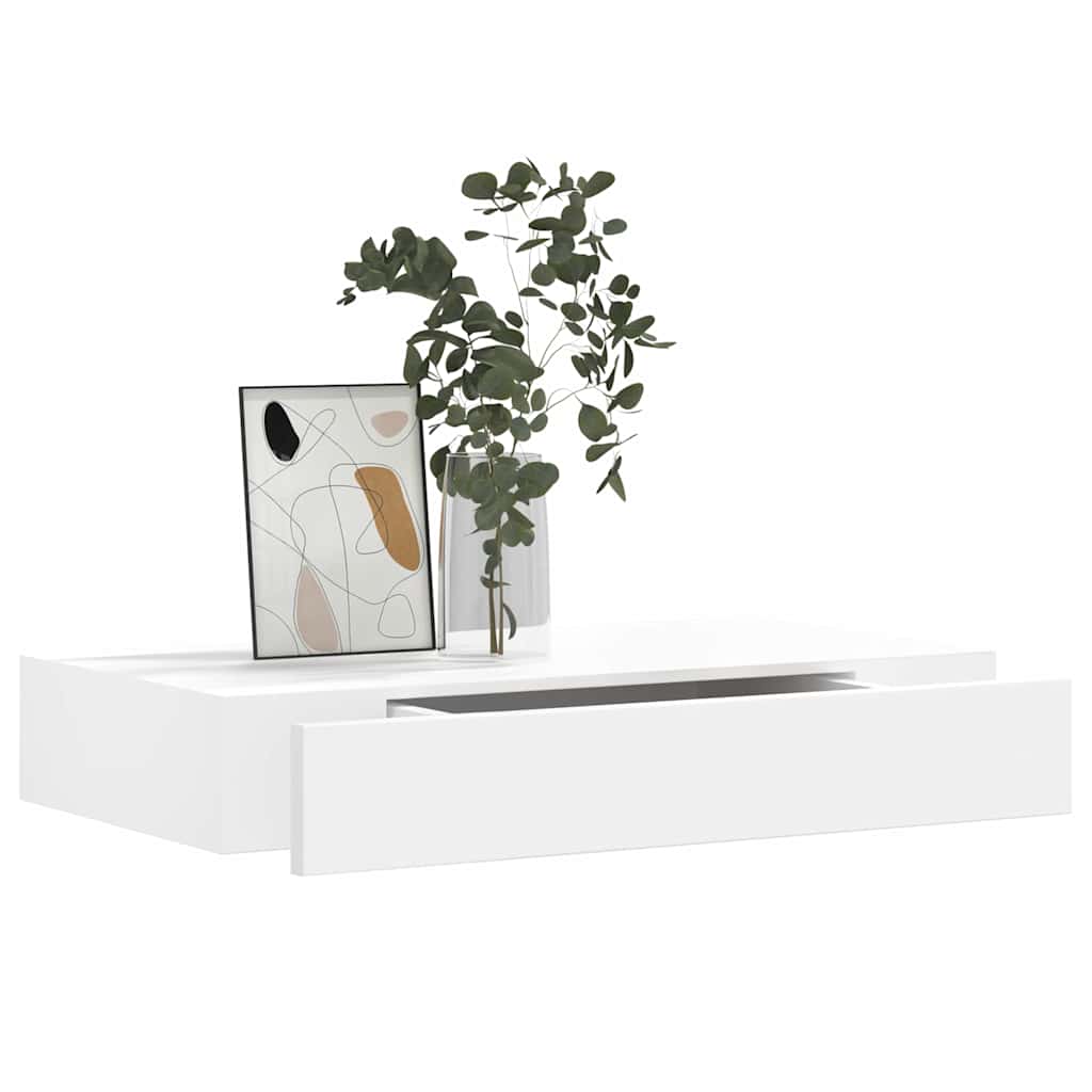242187 White MDF Floating Wall Display Shelf 1 Drawer Book/DVD Storage - 48 x 25 x 8 cm