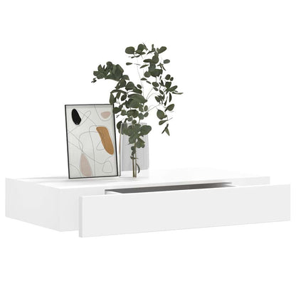 242187 White MDF Floating Wall Display Shelf 1 Drawer Book/DVD Storage - 48 x 25 x 8 cm