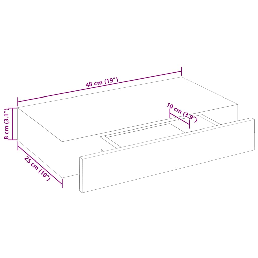 242187 White MDF Floating Wall Display Shelf 1 Drawer Book/DVD Storage - 48 x 25 x 8 cm