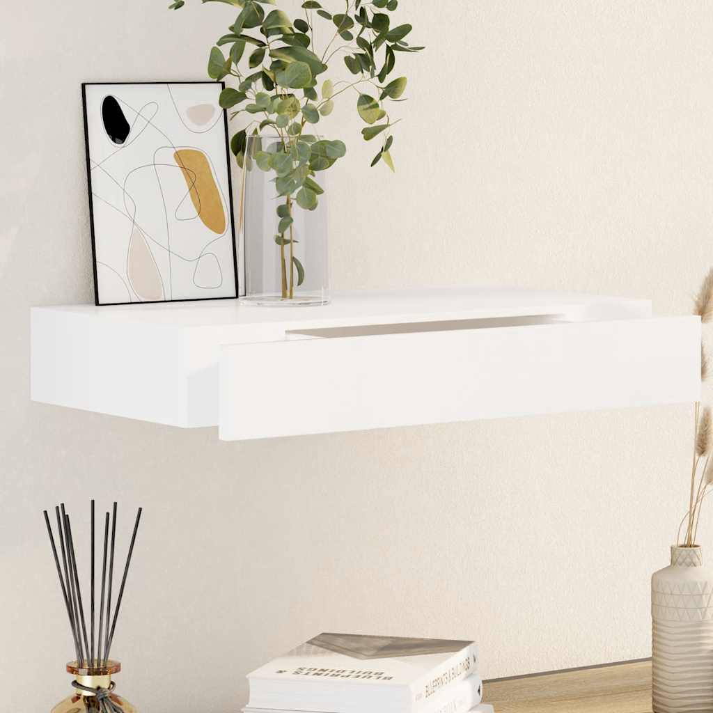 242187 White MDF Floating Wall Display Shelf 1 Drawer Book/DVD Storage - 48 x 25 x 8 cm