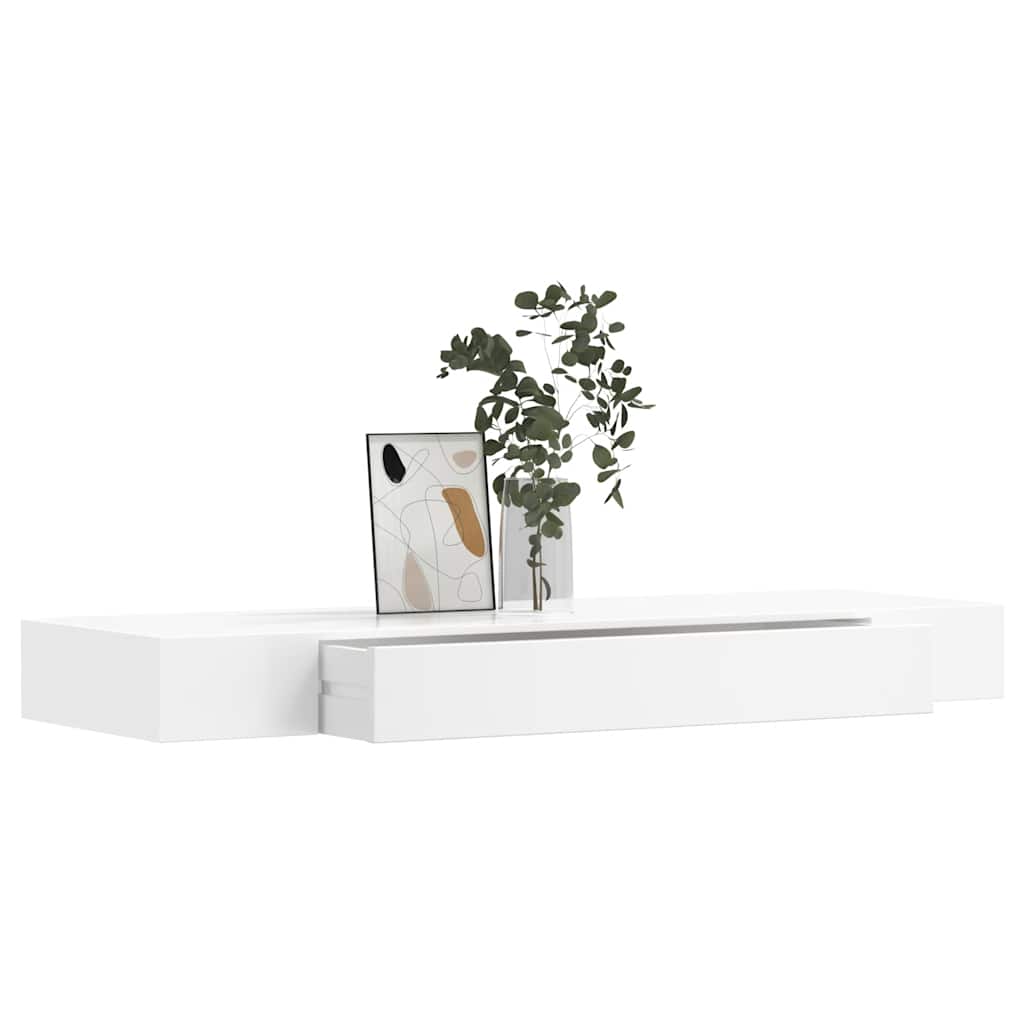 242188 White MDF Floating Wall Display Shelf 1 Drawer Book/DVD Storage - 80 x 25 x 8 cm