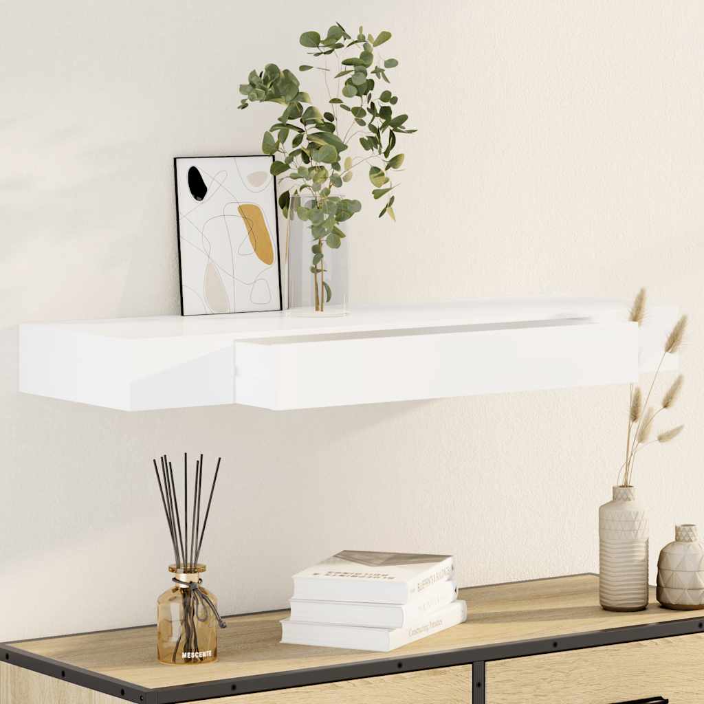 242188 White MDF Floating Wall Display Shelf 1 Drawer Book/DVD Storage - 80 x 25 x 8 cm