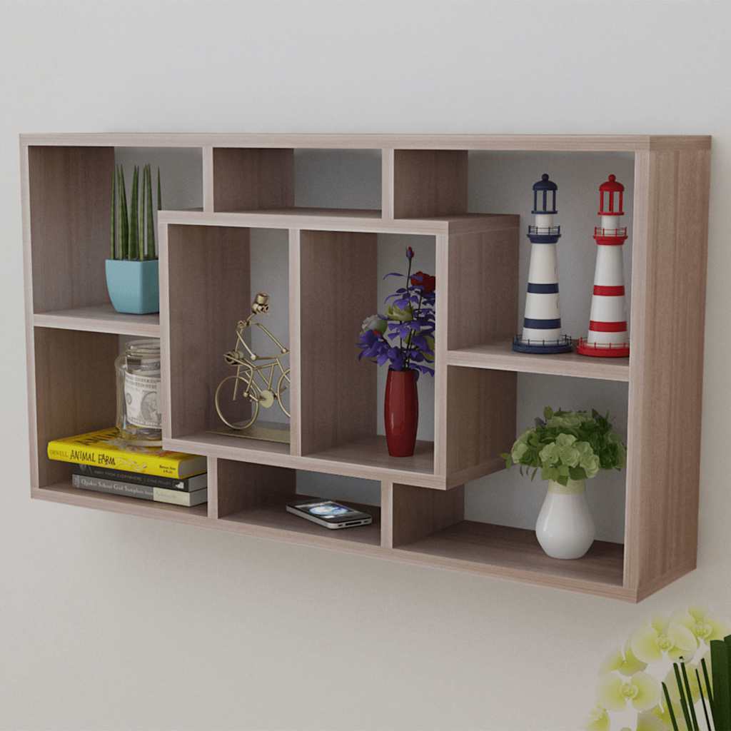 242549 Floating Wall Display Shelf 8 Compartments Oak Colour - Brown - 85 x 16 x 47.5 cm