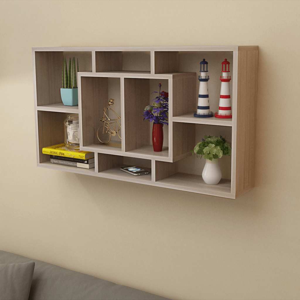 242549 Floating Wall Display Shelf 8 Compartments Oak Colour - Brown - 85 x 16 x 47.5 cm