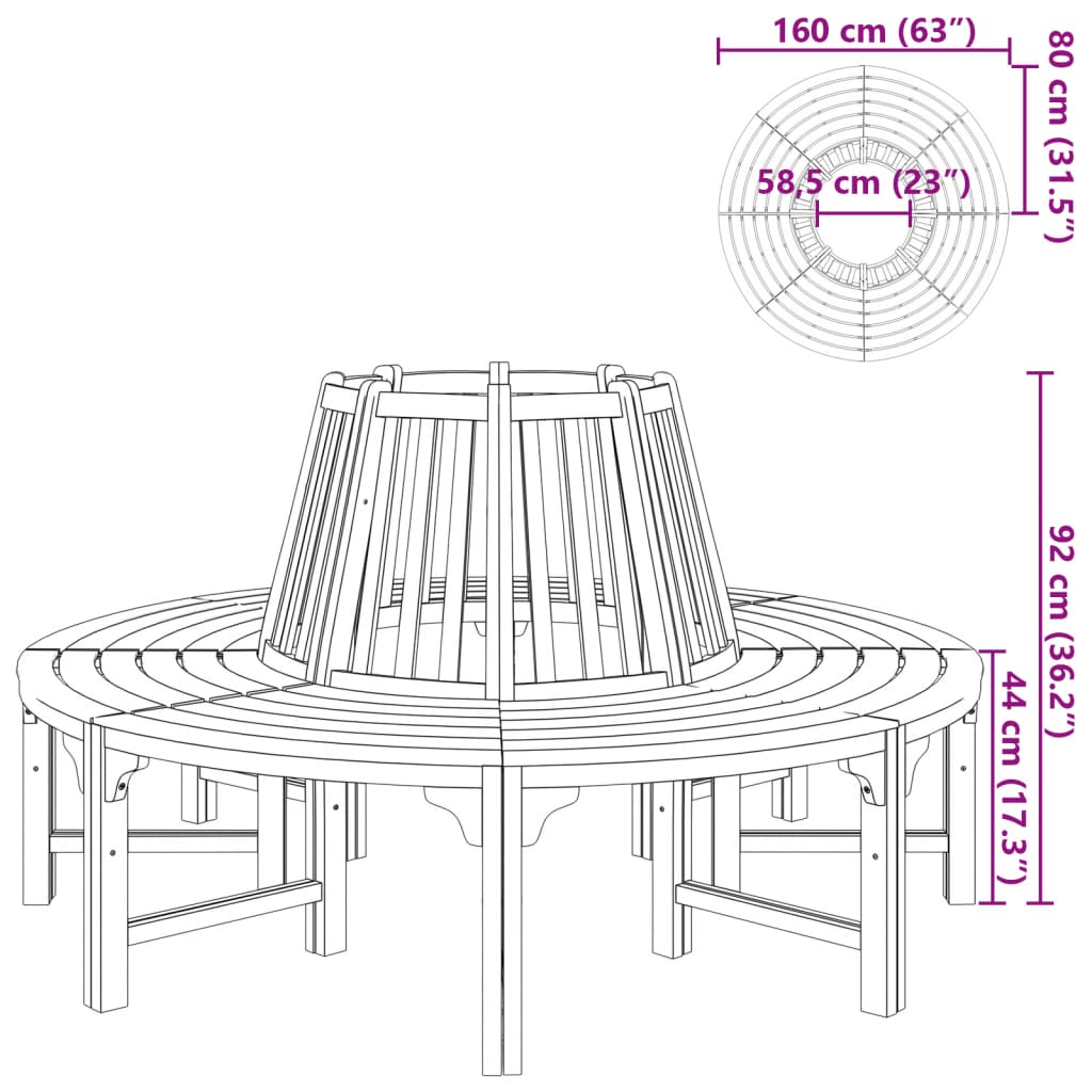41777 vidaXL Tree Bench Ø 160 cm Wood - Brown - 160 x 80 x 45cm