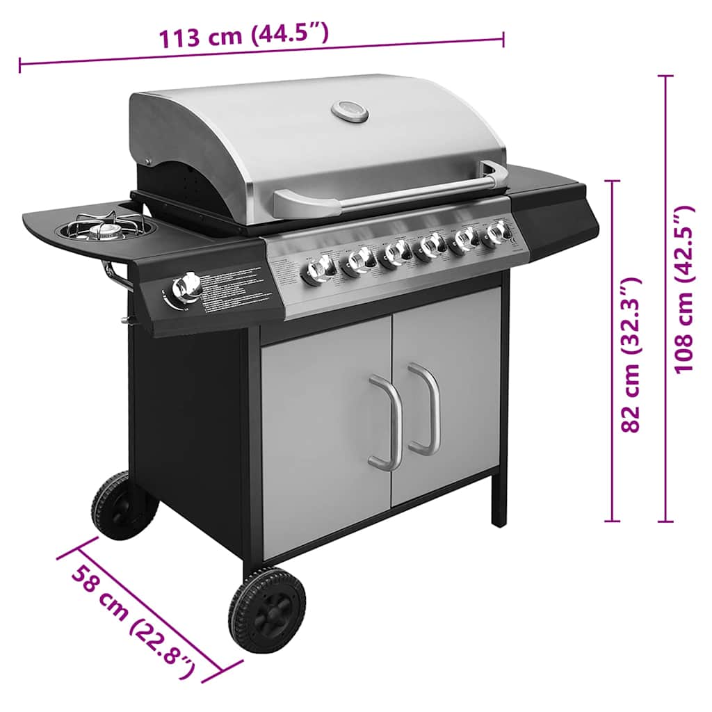 vidaXL Gas Barbecue Grill 6+1 Cooking Zone Black and Silver - Multicolour