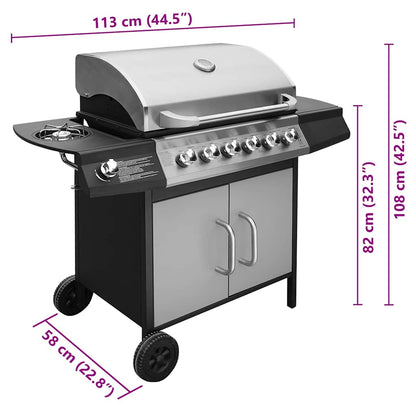vidaXL Gas Barbecue Grill 6+1 Cooking Zone Black and Silver - Multicolour
