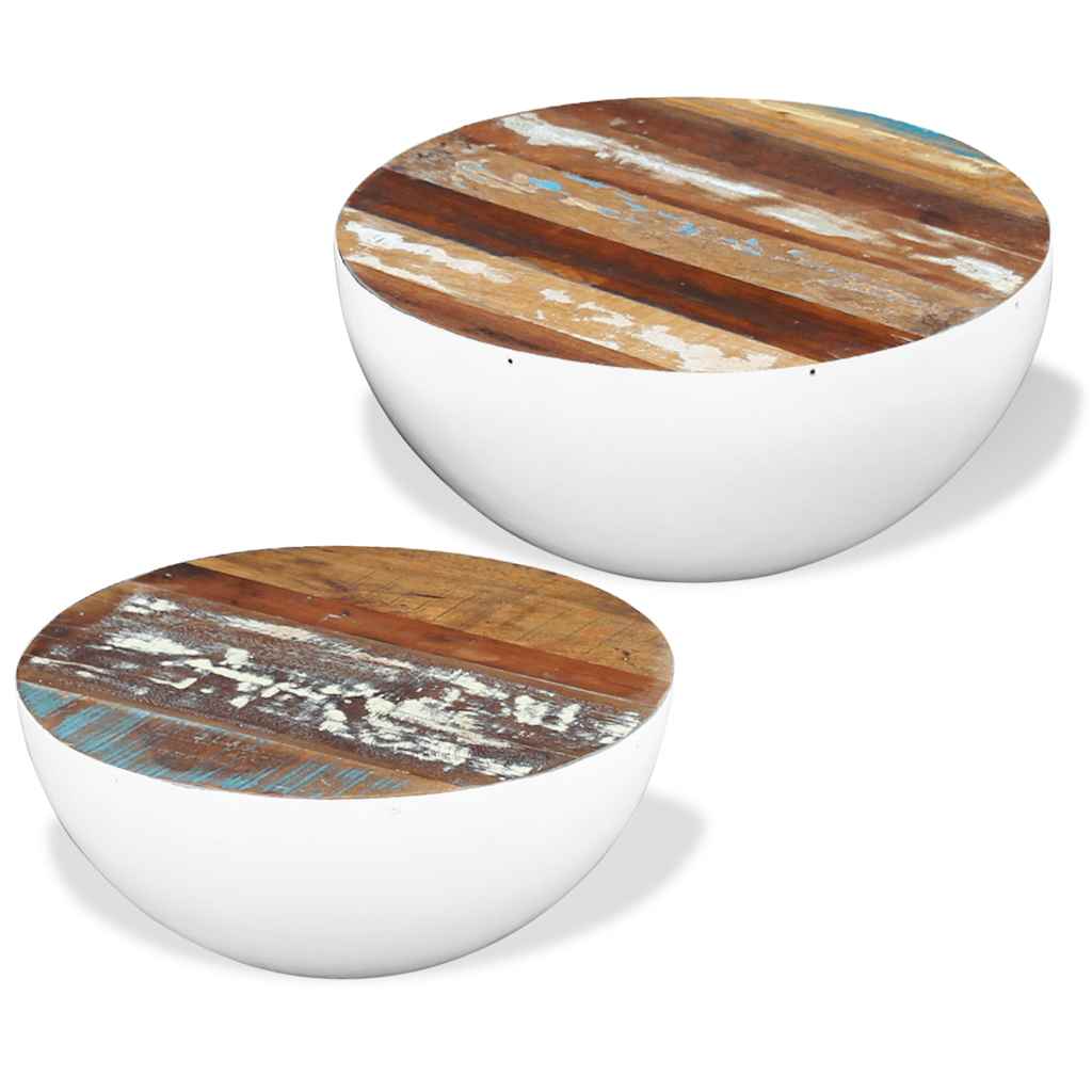 243351 vidaXL Two Piece Bowl Shaped Coffee Table Set Solid Reclaimed Wood - White - 60 x 60 x 30 cm