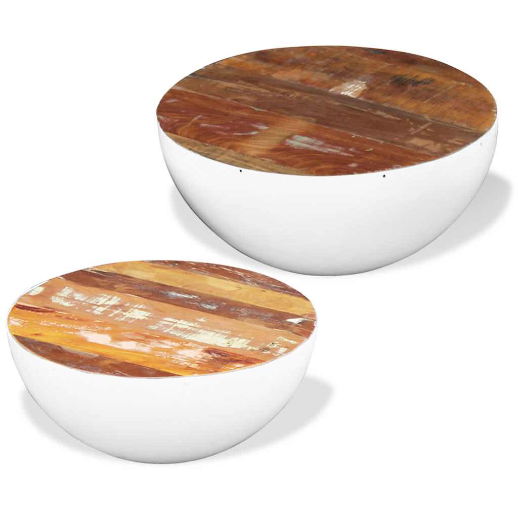 243351 vidaXL Two Piece Bowl Shaped Coffee Table Set Solid Reclaimed Wood - White - 60 x 60 x 30 cm