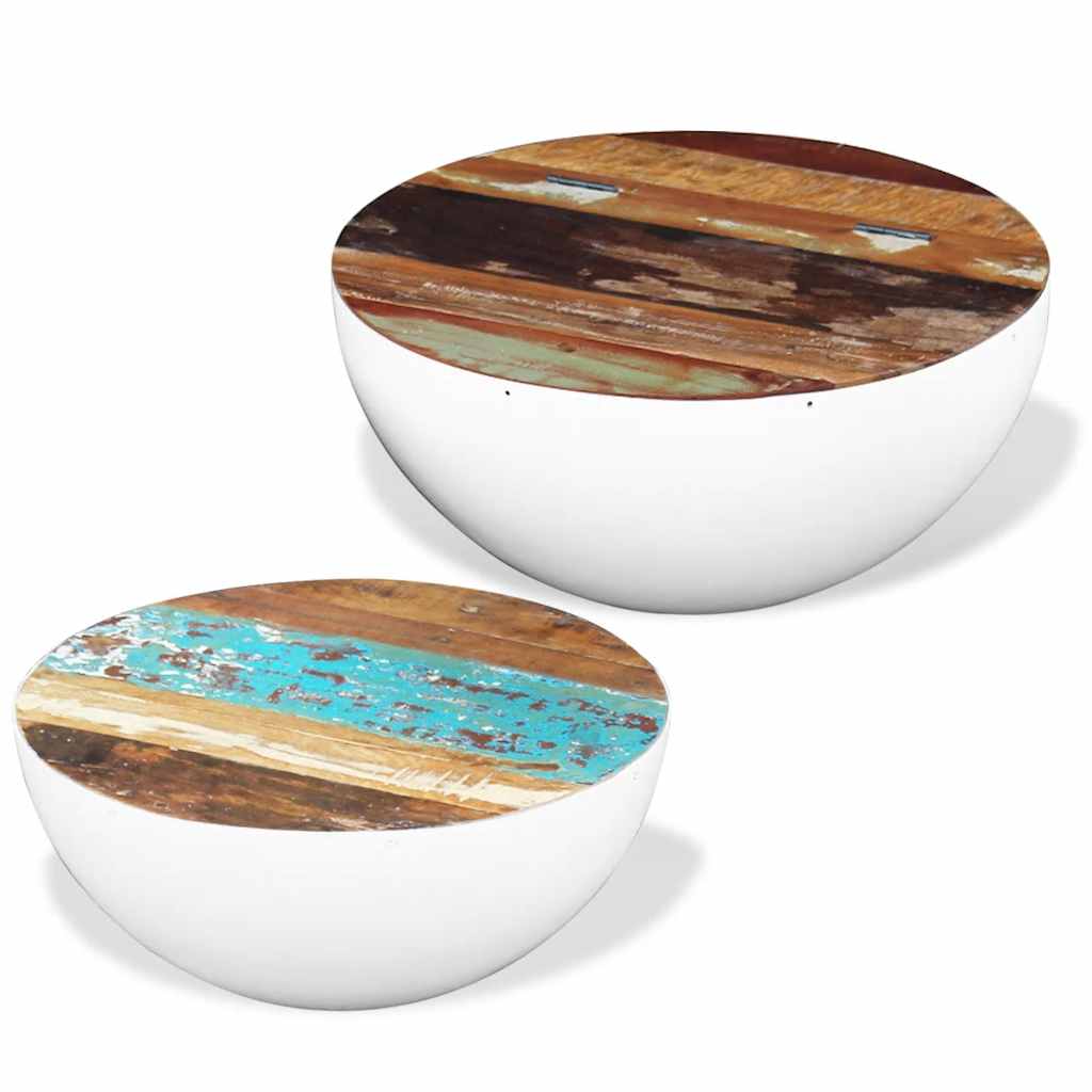 243351 vidaXL Two Piece Bowl Shaped Coffee Table Set Solid Reclaimed Wood - White - 60 x 60 x 30 cm