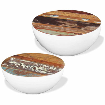 243351 vidaXL Two Piece Bowl Shaped Coffee Table Set Solid Reclaimed Wood - White - 60 x 60 x 30 cm