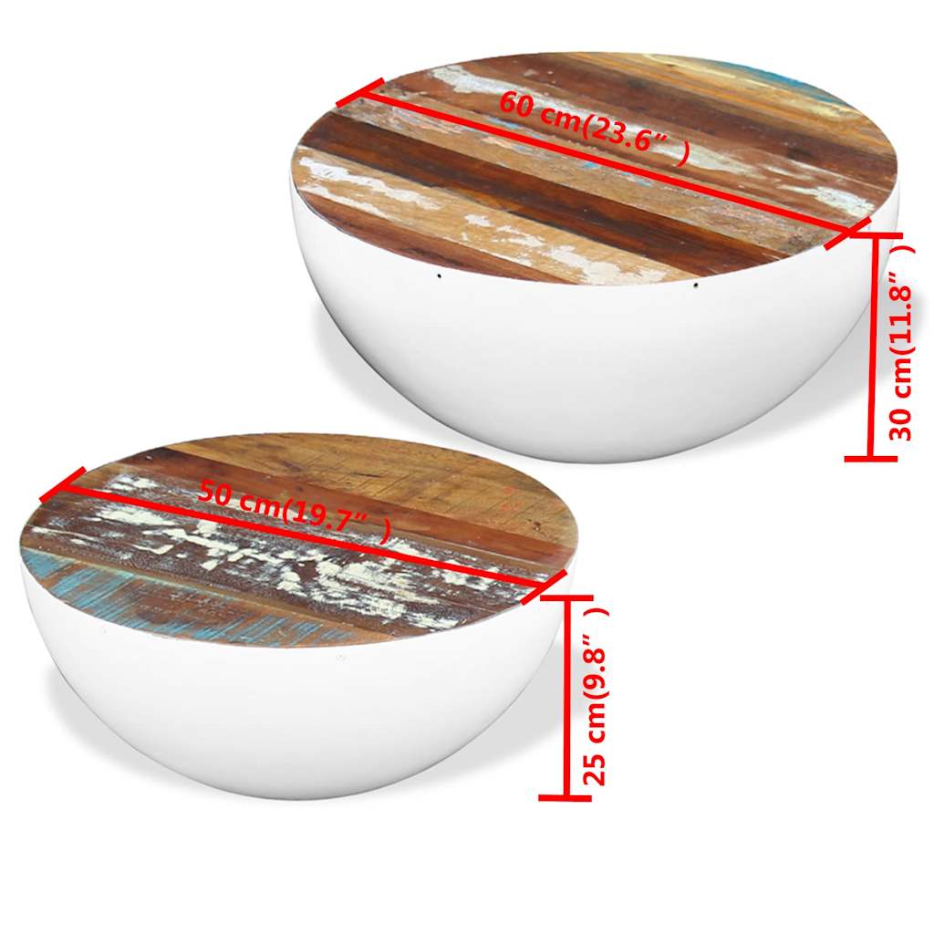 243351 vidaXL Two Piece Bowl Shaped Coffee Table Set Solid Reclaimed Wood - White - 60 x 60 x 30 cm