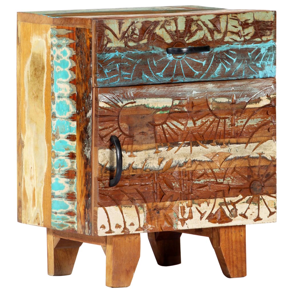 vidaXL Hand Carved Bedside Cabinet 40x30x50 cm Solid Reclaimed Wood - Multicolour