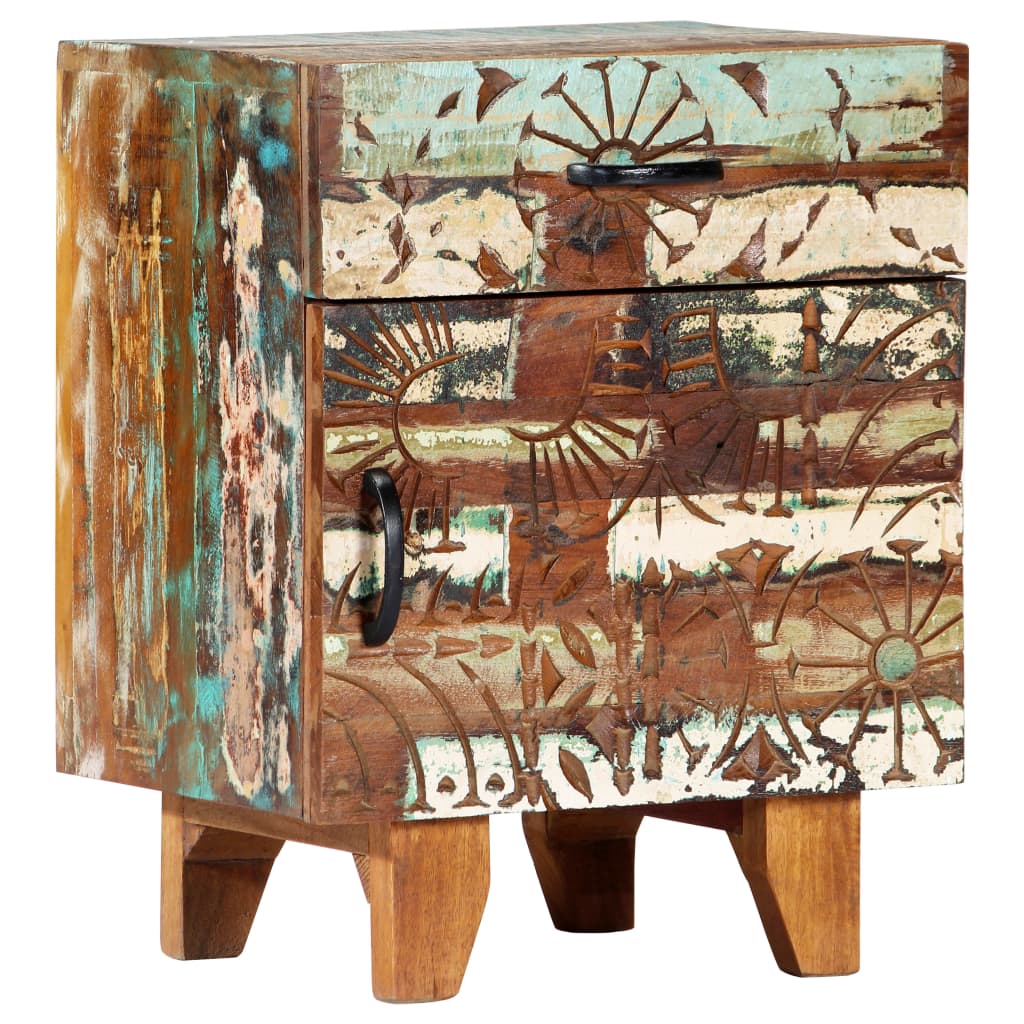 vidaXL Hand Carved Bedside Cabinet 40x30x50 cm Solid Reclaimed Wood - Multicolour