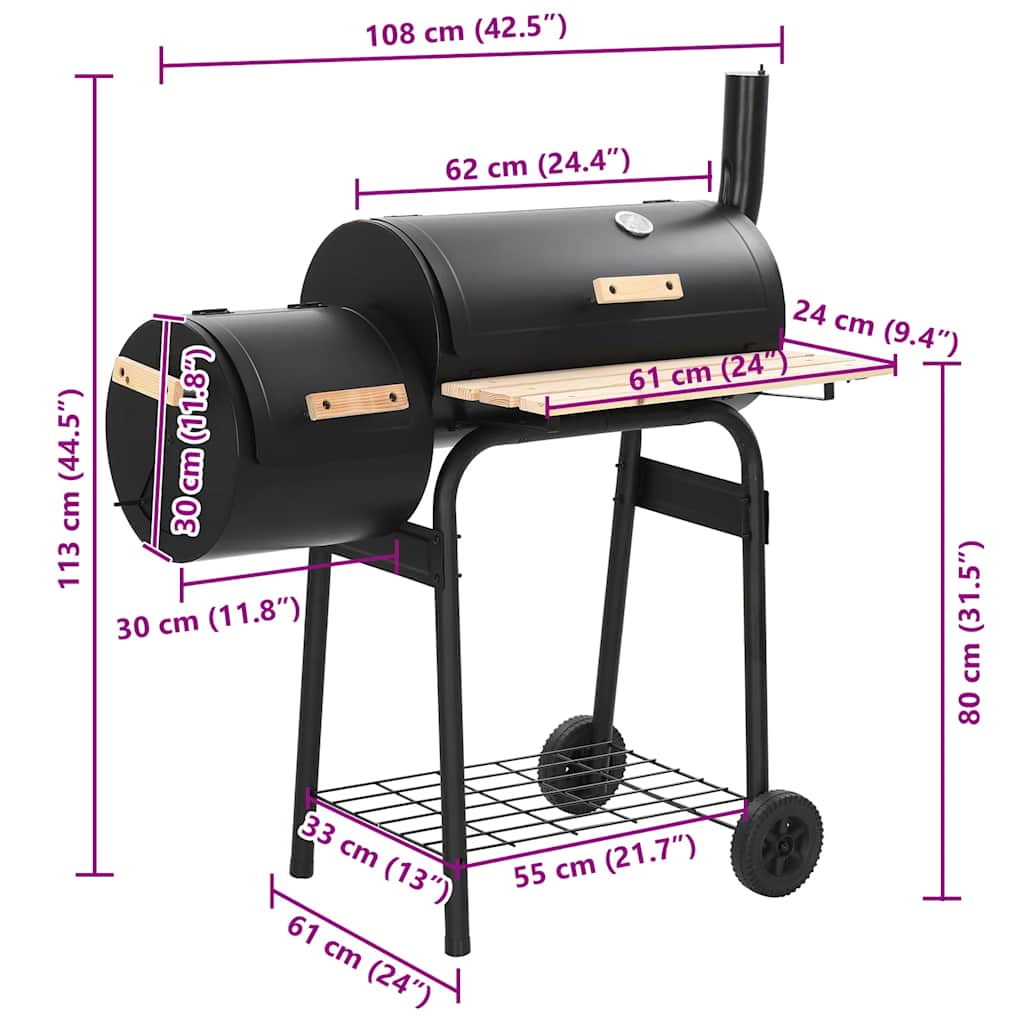 vidaXL Classic Charcoal BBQ Offset Smoker - Black