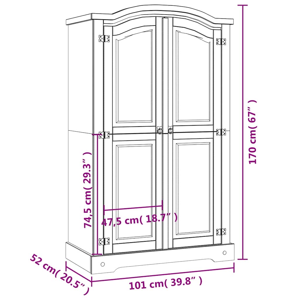 282619 vidaXL Wardrobe Mexican Pine Corona Range 2 Doors Grey - 101 x 52 x 170 cm
