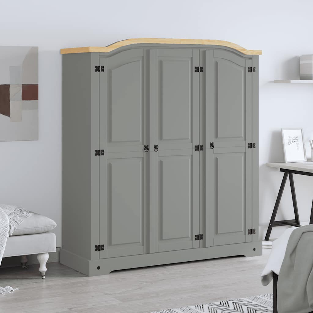 282621 vidaXL Wardrobe Mexican Pine Corona Range 3 Doors Grey - 151 x 52 x 170 cm