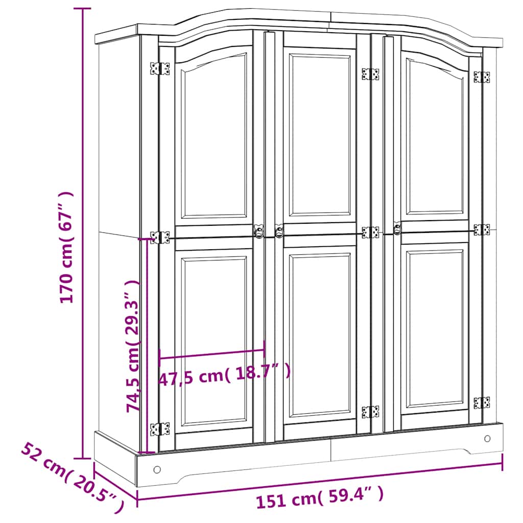 282621 vidaXL Wardrobe Mexican Pine Corona Range 3 Doors Grey - 151 x 52 x 170 cm