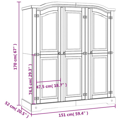 282621 vidaXL Wardrobe Mexican Pine Corona Range 3 Doors Grey - 151 x 52 x 170 cm