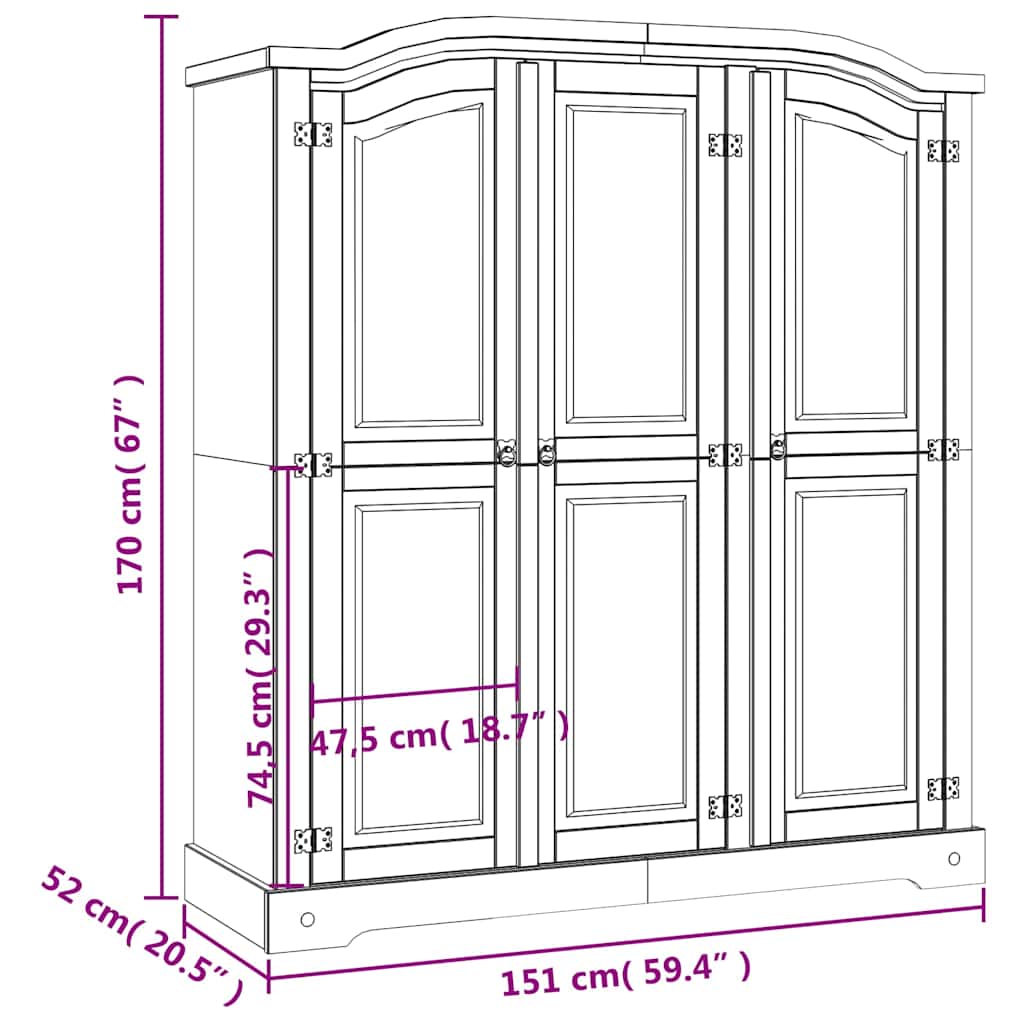 282622 vidaXL Wardrobe Mexican Pine Corona Range 3 Doors White - 151 x 52 x 170 cm