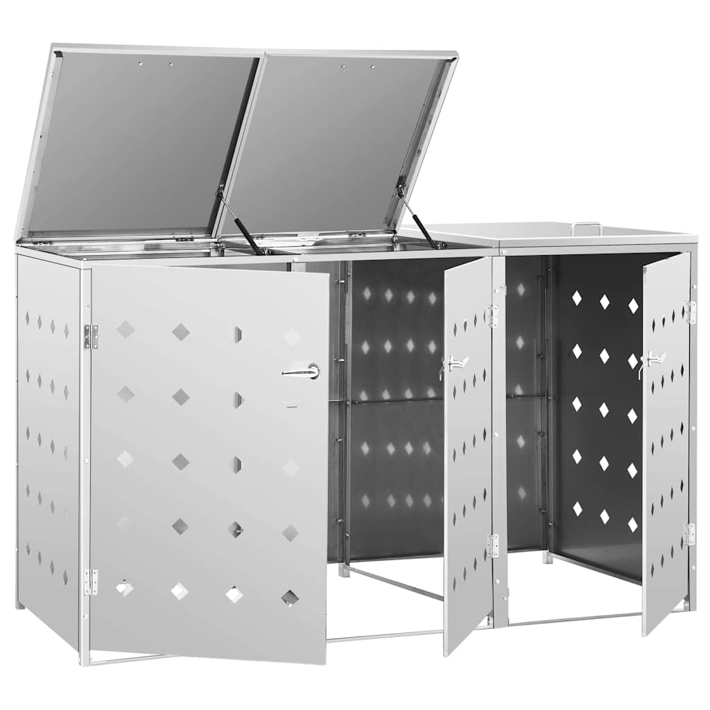 145381 vidaXL Triple Wheelie Bin Shed 240 L Stainless Steel - Silver - 207 x 77.5 x 115 cm