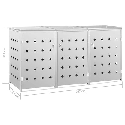 145381 vidaXL Triple Wheelie Bin Shed 240 L Stainless Steel - Silver - 207 x 77.5 x 115 cm