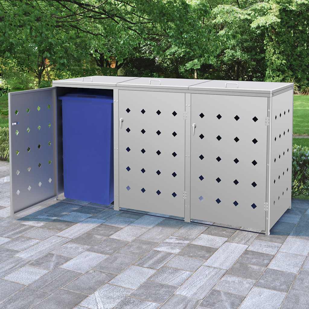 145381 vidaXL Triple Wheelie Bin Shed 240 L Stainless Steel - Silver - 207 x 77.5 x 115 cm