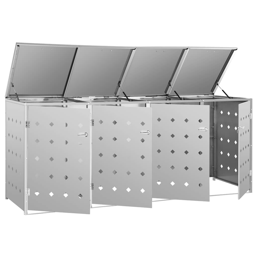 145382 vidaXL Quadruple Wheelie Bin Shed 240 L Stainless Steel - Silver - 276 x 77.5 x 115 cm