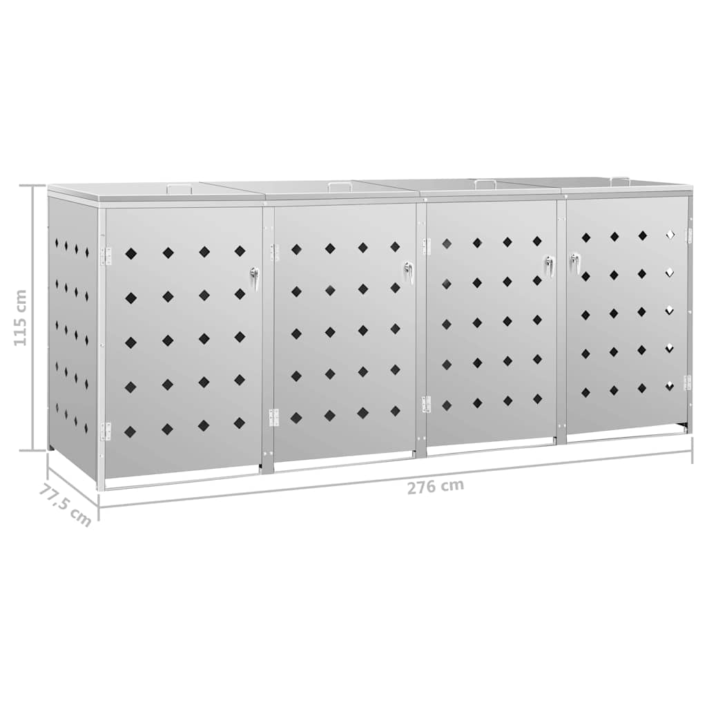 145382 vidaXL Quadruple Wheelie Bin Shed 240 L Stainless Steel - Silver - 276 x 77.5 x 115 cm