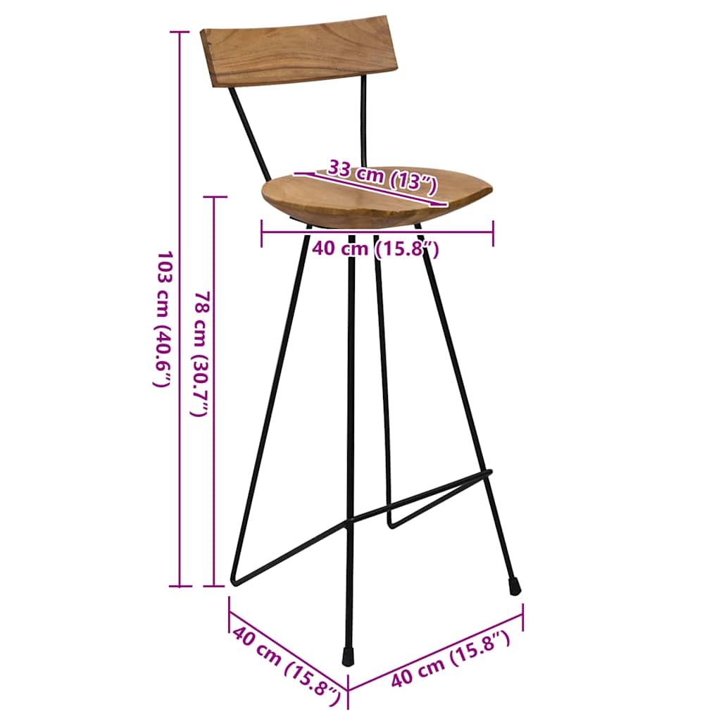 vidaXL Bar Stools 2 pcs Solid Teak Wood - Brown - 40 x 40 x 103 cm