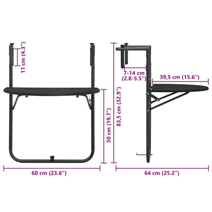 vidaXL Hanging Balcony Table Black 60x64x83.5 cm Plastic Rattan Look