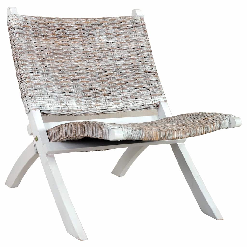 285800 vidaXL Relaxing Chair White Natural Kubu Rattan and Solid Mahogany Wood - 60 x 77 x 70 cm