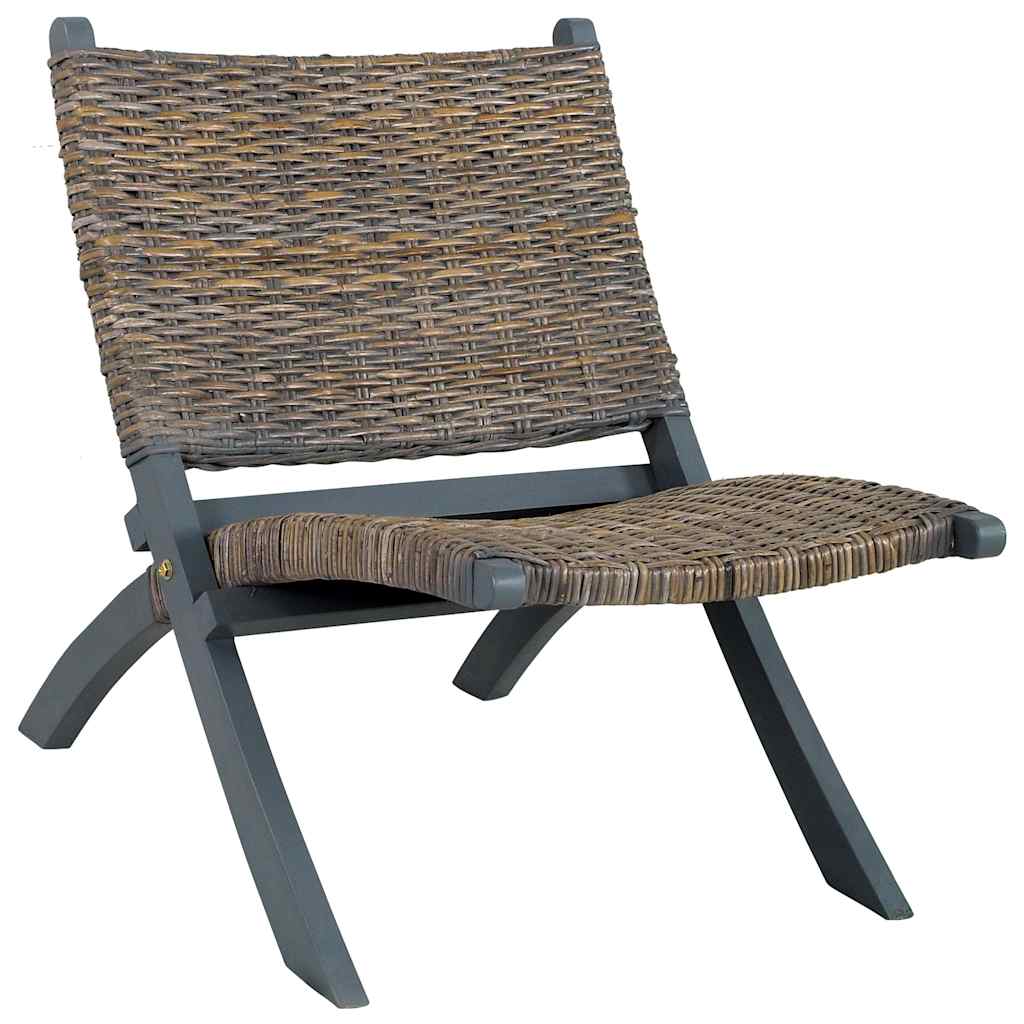 285801 vidaXL Relaxing Chair Grey Natural Kubu Rattan and Solid Mahogany Wood - 60 x 77 x 70 cm
