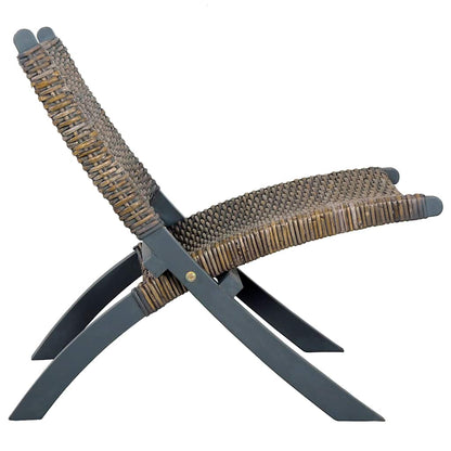 285801 vidaXL Relaxing Chair Grey Natural Kubu Rattan and Solid Mahogany Wood - 60 x 77 x 70 cm