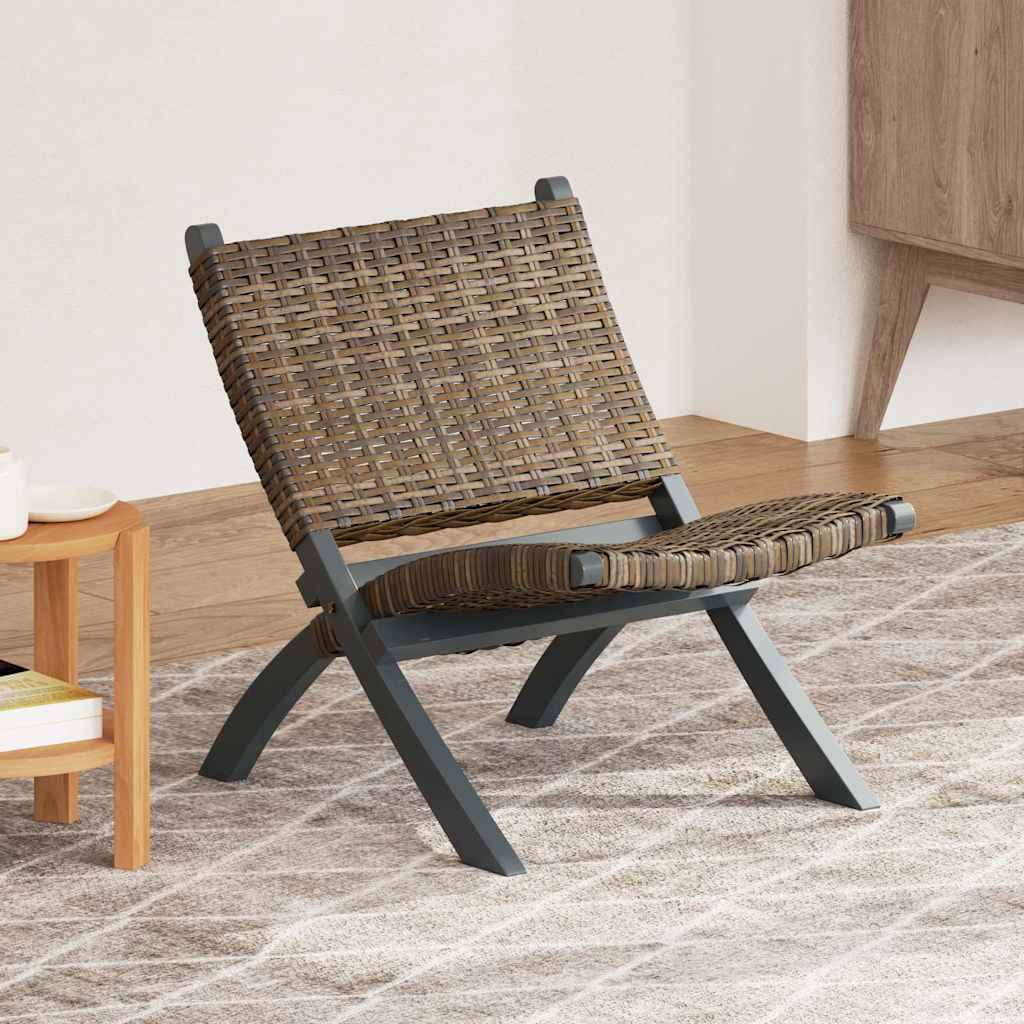 285801 vidaXL Relaxing Chair Grey Natural Kubu Rattan and Solid Mahogany Wood - 60 x 77 x 70 cm