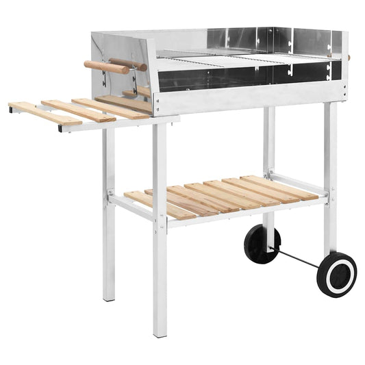vidaXL XXL Trolley Charcoal BBQ Grill Stainless Steel with 2 Shelves - Silver