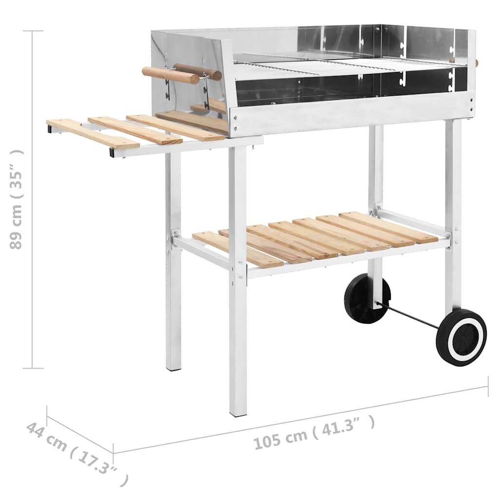 vidaXL XXL Trolley Charcoal BBQ Grill Stainless Steel with 2 Shelves - Silver