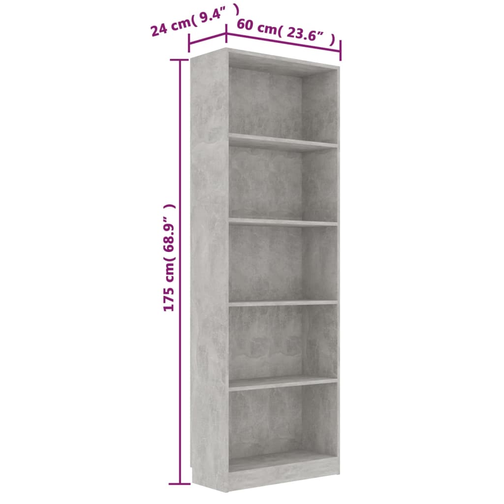 800886 vidaXL 5-Tier Book Cabinet Concrete Grey 60x24x175 cm Engineered Wood
