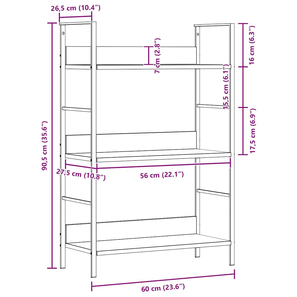 vidaXL 3-Layer Book Shelf Black 60x27.6x90.5 cm Engineered Wood