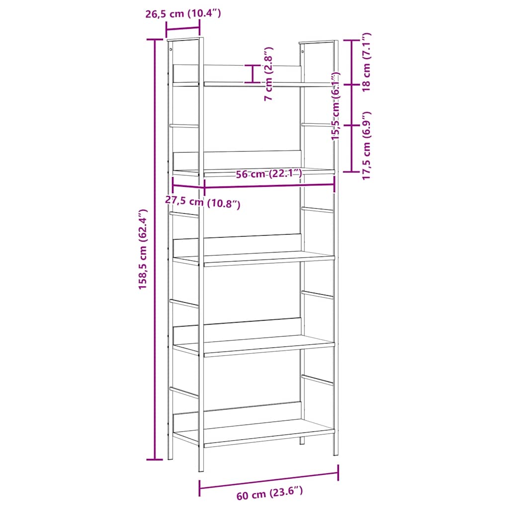 vidaXL 5-Layer Book Shelf Oak 60x27.6x158.5 cm Engineered Wood - Brown - 57006