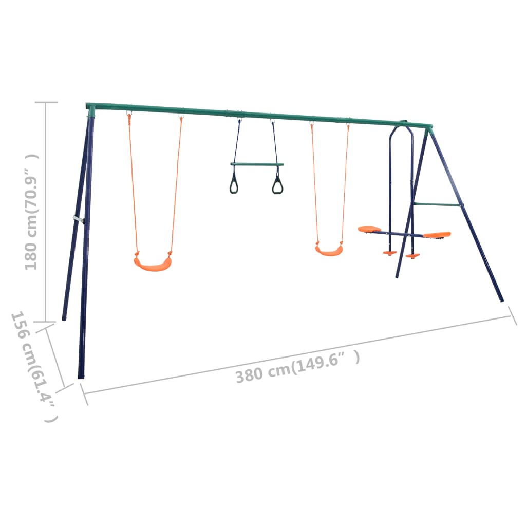 vidaXL Swing Set with Gymnastic Rings and 4 Seats Steel - Orange - 380 x 156 x 180 cm