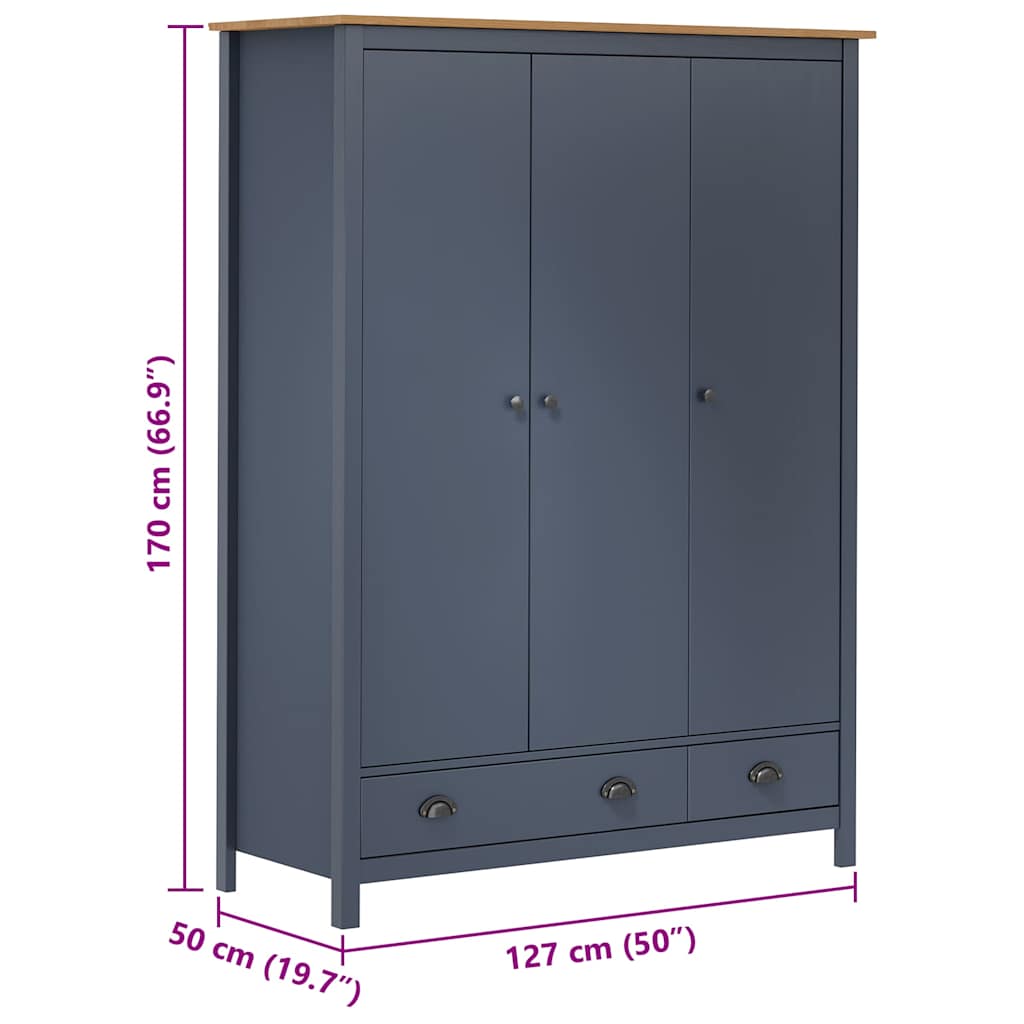 288953 vidaXL 3-Door Wardrobe ""Hill"" Grey 127x50x170 cm Solid Pine Wood