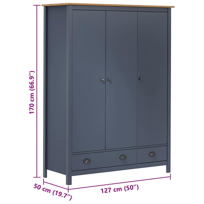 288953 vidaXL 3-Door Wardrobe ""Hill"" Grey 127x50x170 cm Solid Pine Wood