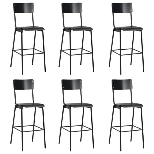 vidaXL Bar Stools 6 pcs Black Solid Plywood Steel - 41.5 x 59 x 116.5 cm