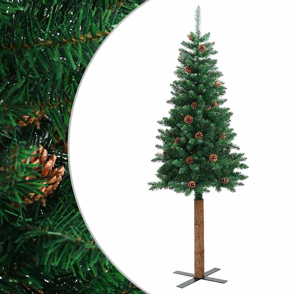 vidaXL Slim Christmas Tree with Real Wood and Cones Green 150 cm PVC - 150 x 66 cm