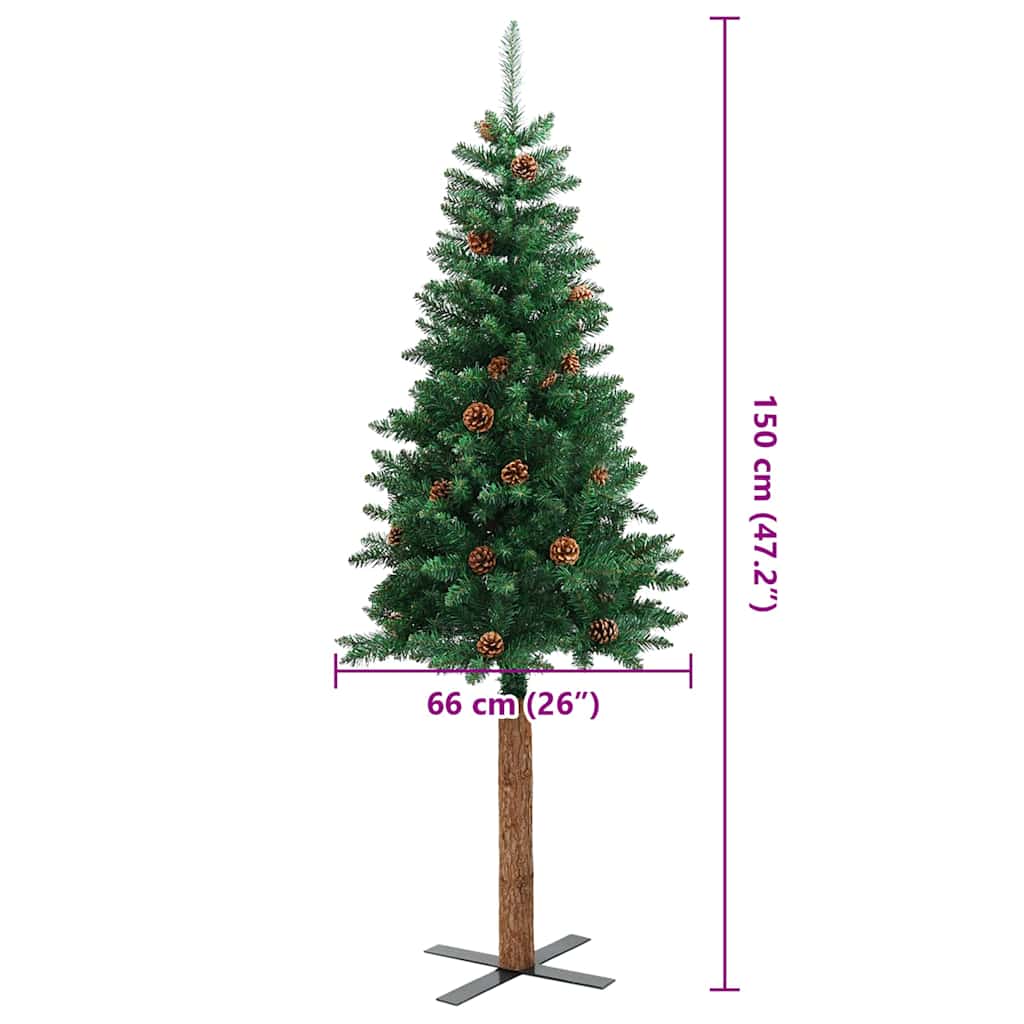 vidaXL Slim Christmas Tree with Real Wood and Cones Green 150 cm PVC - 150 x 66 cm