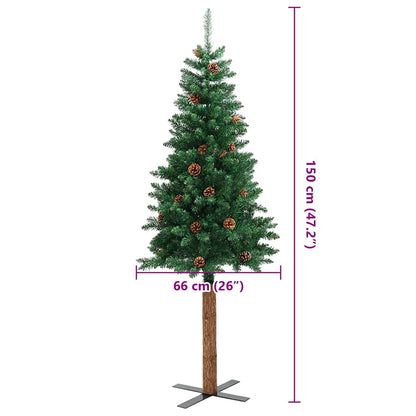 vidaXL Slim Christmas Tree with Real Wood and Cones Green 150 cm PVC - 150 x 66 cm
