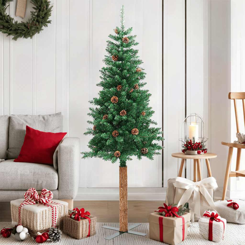 vidaXL Slim Christmas Tree with Real Wood and Cones Green 150 cm PVC - 150 x 66 cm
